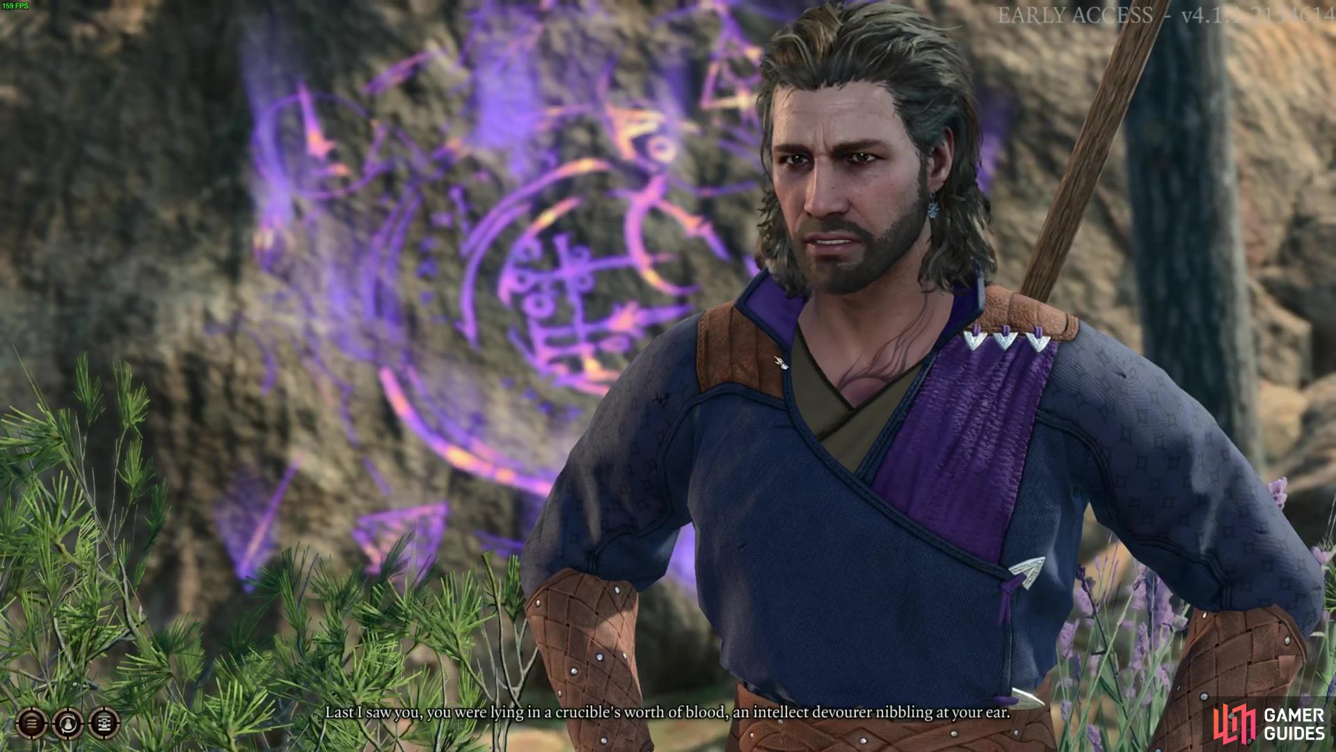 Gale standing in front of a purple rune